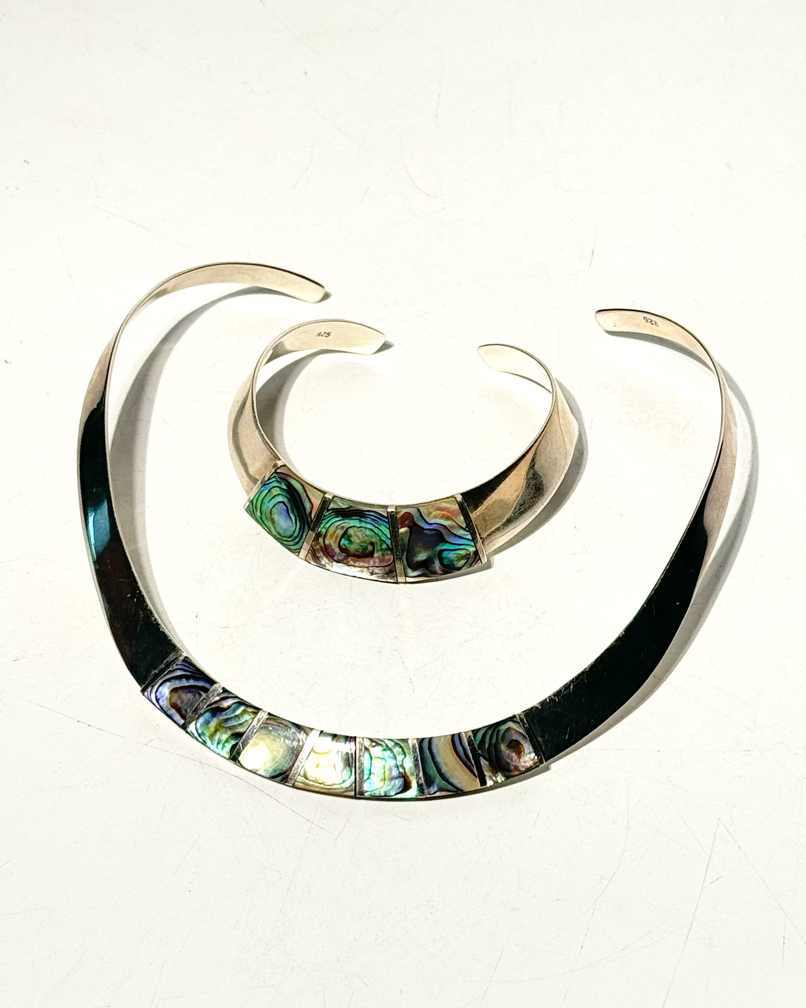 Peruvian Sterling Silver 925 Abalone Shell Necklace & Cuff Bracelet Set