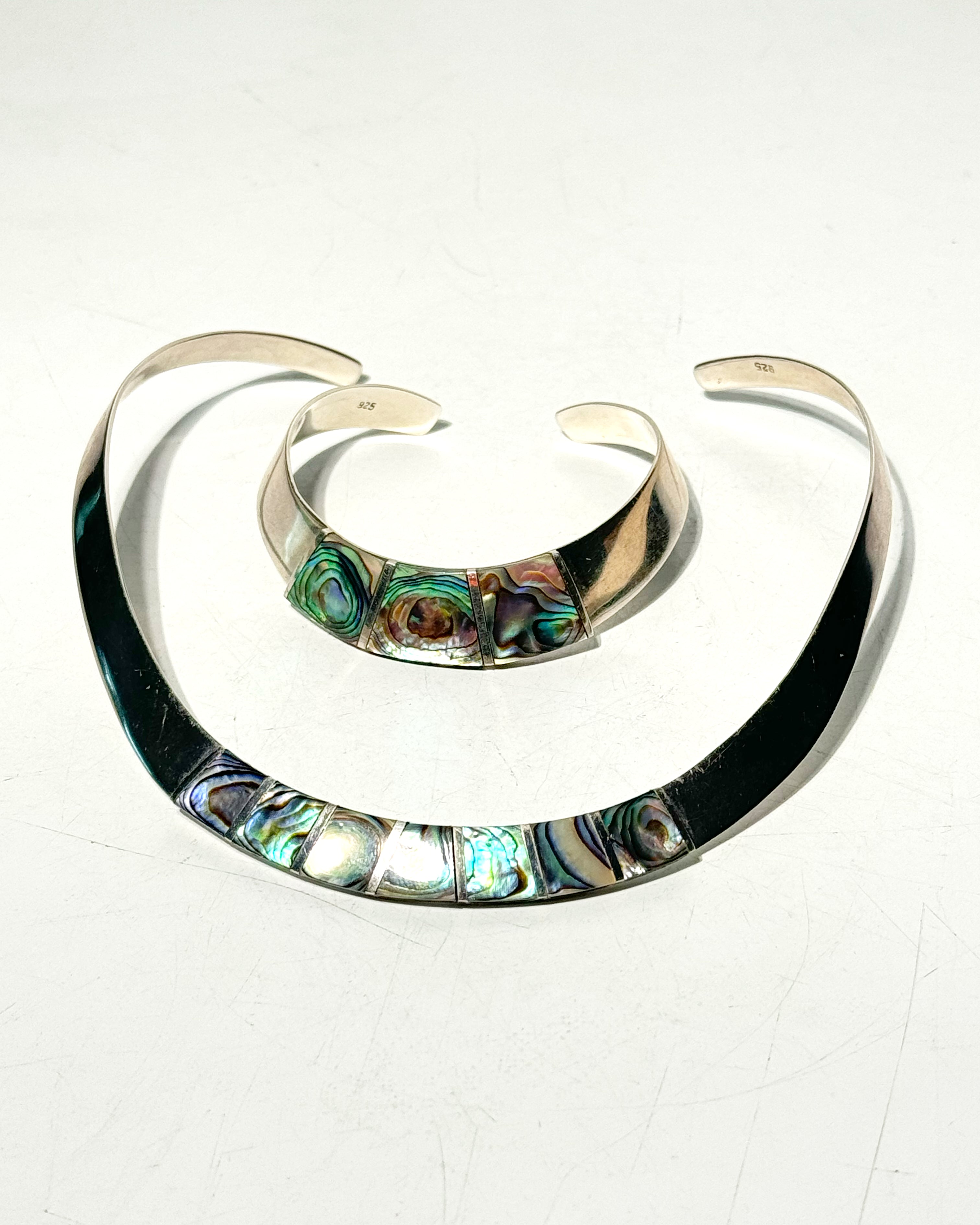 Peruvian Sterling Silver 925 Abalone Shell Necklace & Cuff Bracelet Set