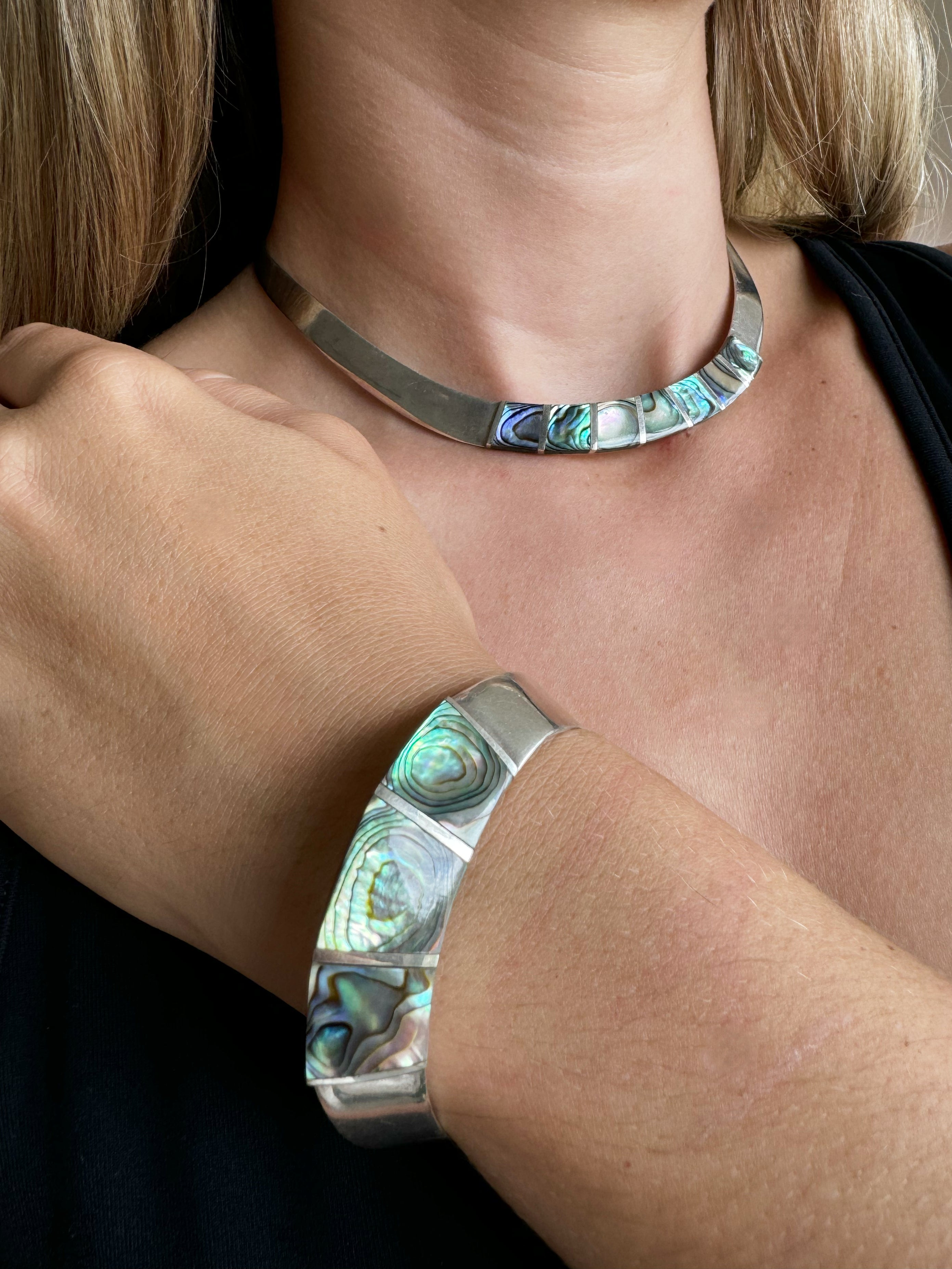 Peruvian Sterling Silver 925 Abalone Shell Necklace & Cuff Bracelet Set