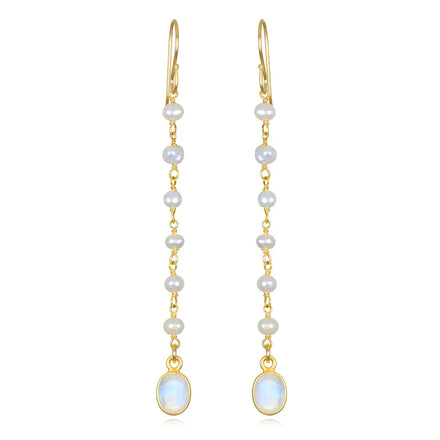 Rainbow Moonstone & Pearl Dangle Earrings — Moonstone crystal specimen