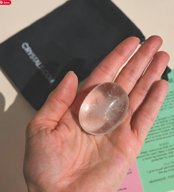 Quartz Palm Stone - clear quartz crystal heart shaped close up detail