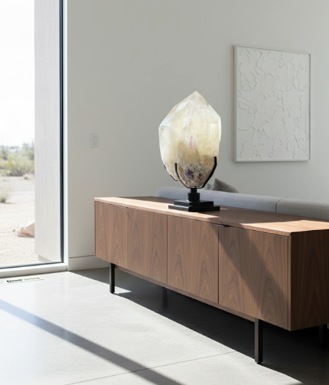 49lbs Natural Citrine with Pink Tourmaline, Lepidolite + Feldspar on Spinning Stand