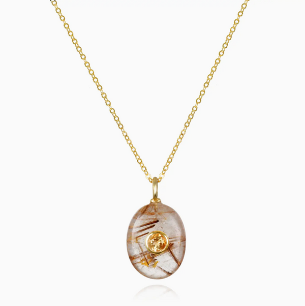 Rutilated Quartz Oval Charm Necklace with Citrine