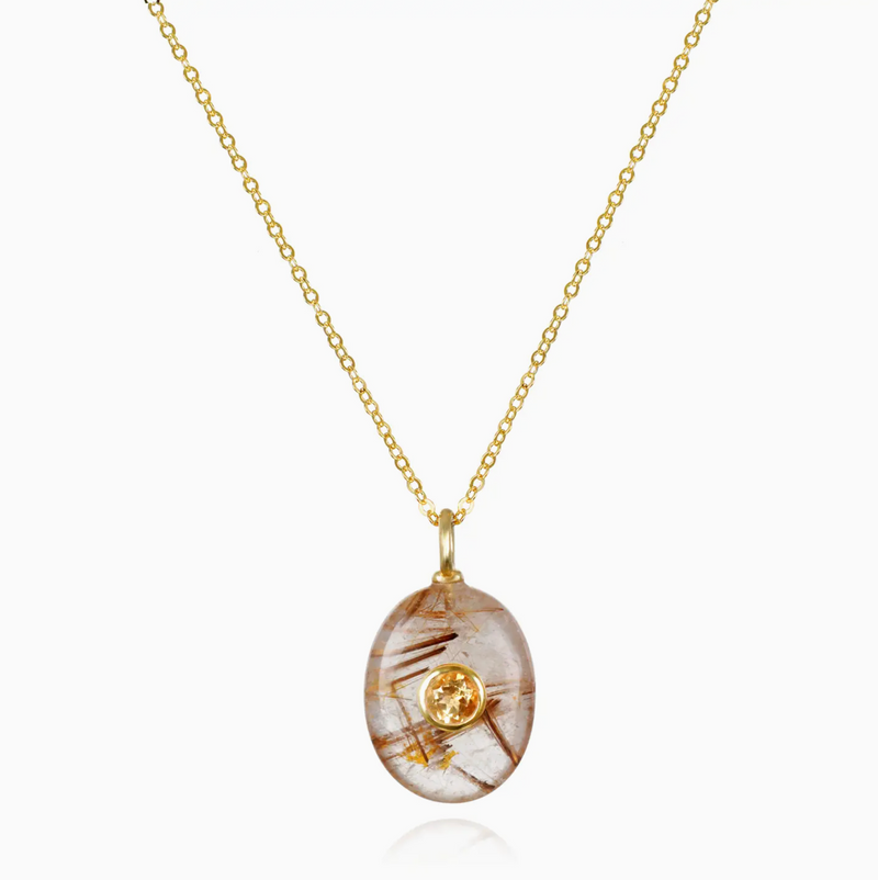 Rutilated Quartz Oval Charm Necklace with Citrine