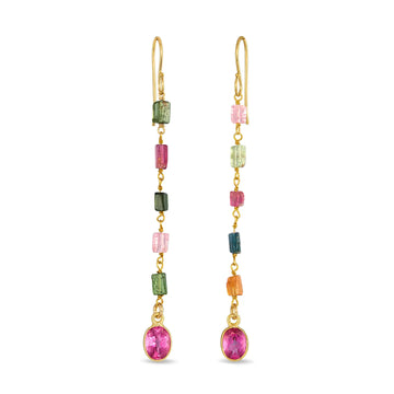 Tourmaline and pink topaz dangle earrings — faceted multicolor gemstones in 14k gold-plated silver