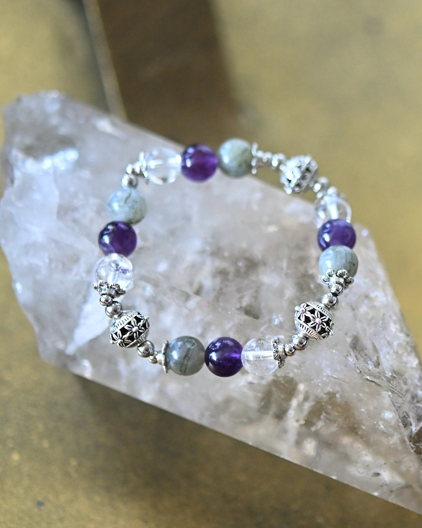 Transformation Bracelet - Clear Quartz, Amethyst + Labradorite
