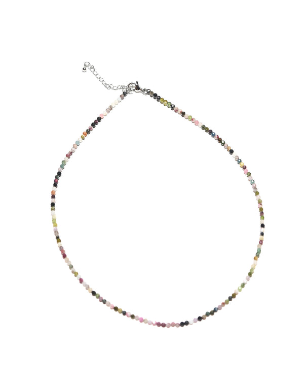Watermelon Tourmaline Beaded Choker with faceted pink, green, and gold rondelles – flat lay view