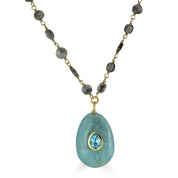 Labradorite wire wrap with aquamarine pendant detail close-up