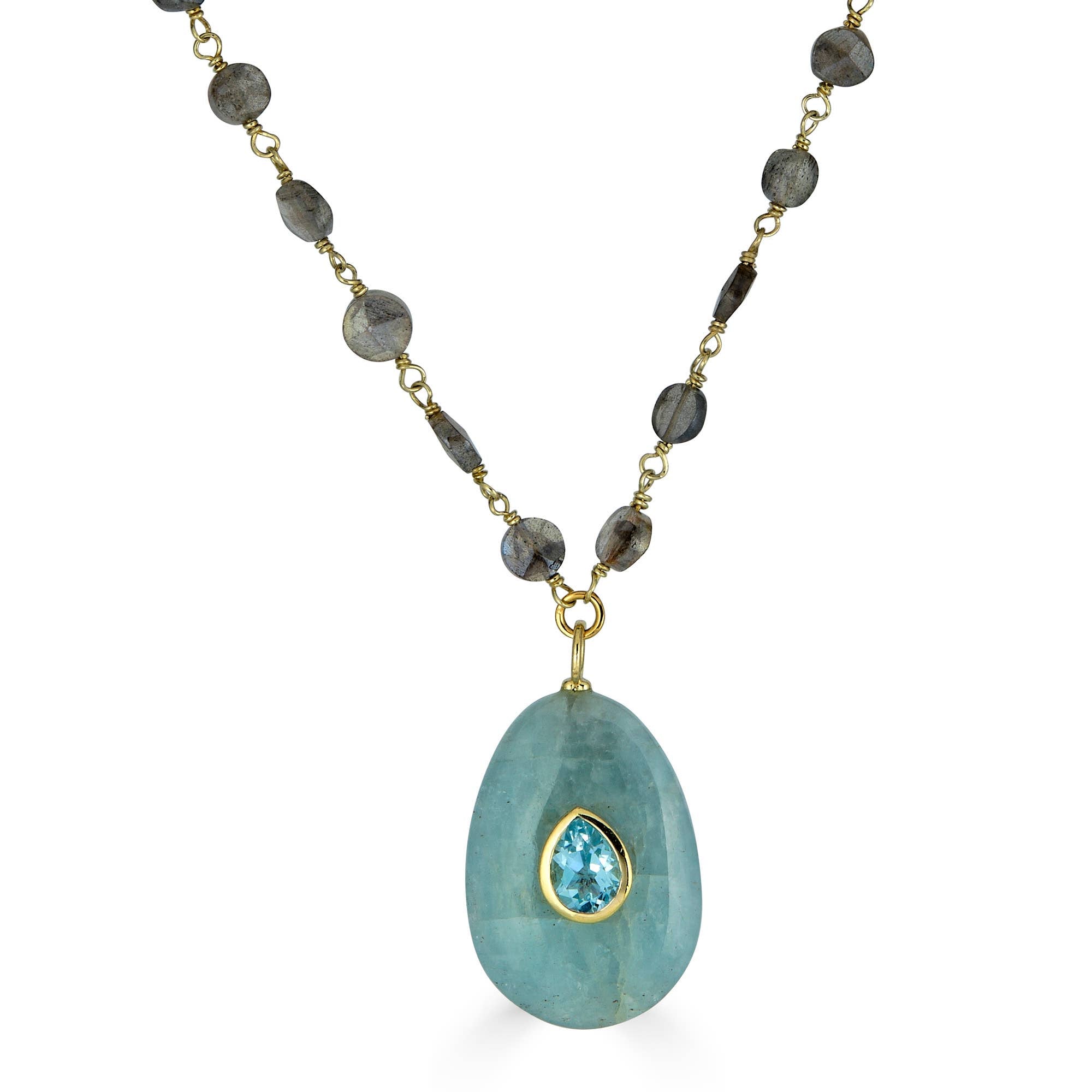 Labradorite wire wrap with aquamarine pendant detail close-up