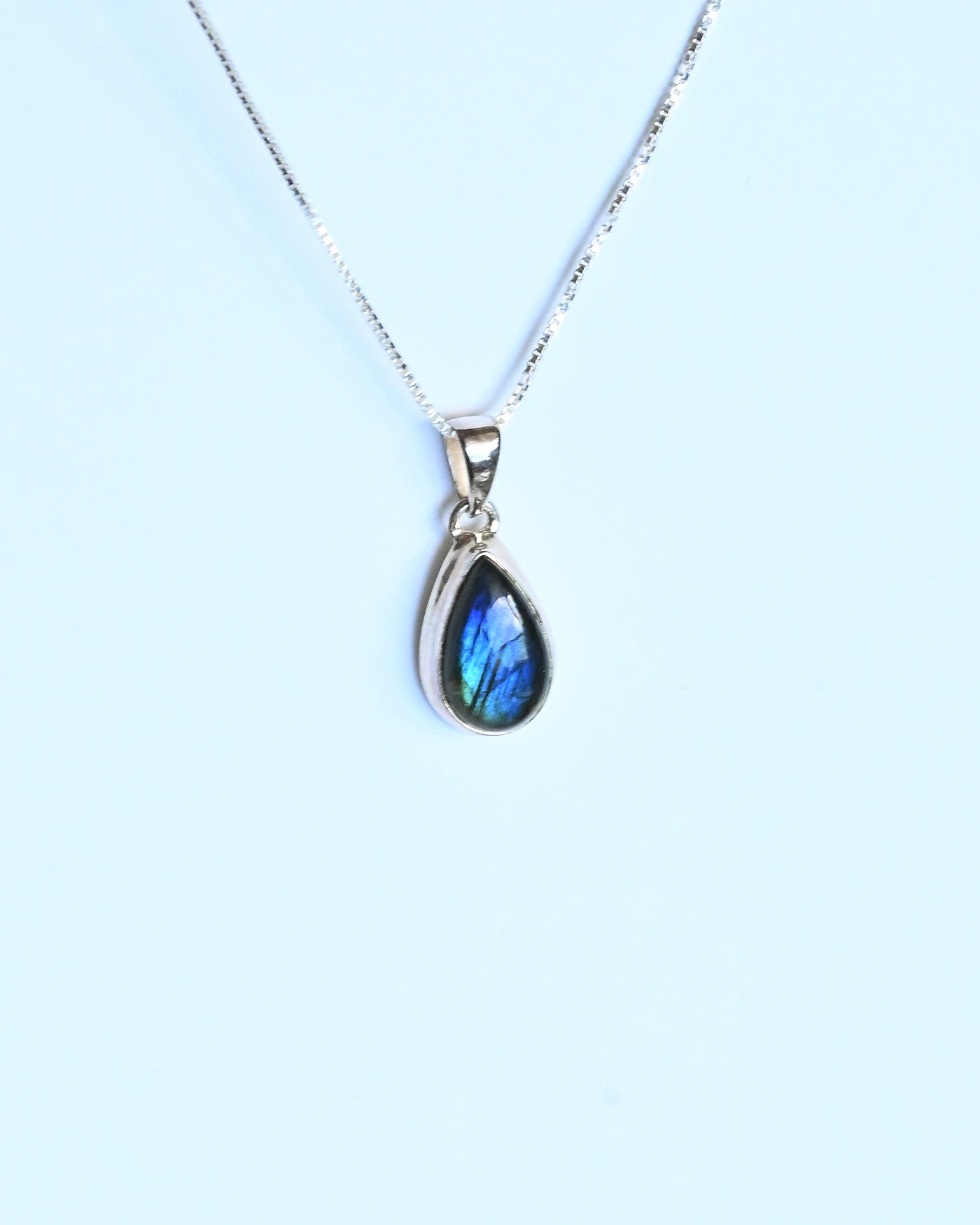 Labradorite Pendant — Sterling Silver — teardrop shape with blue flash