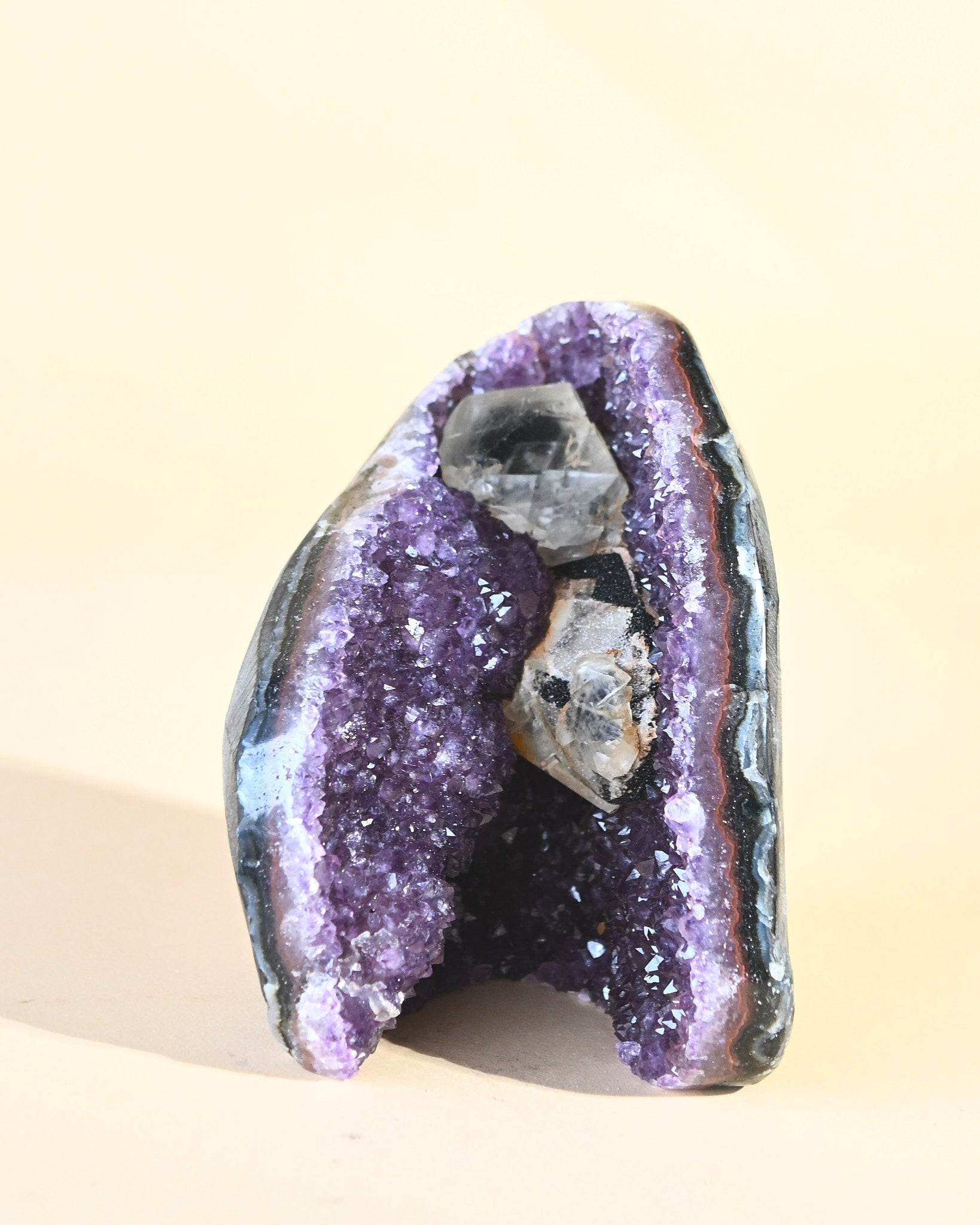 Uruguayan Amethyst Cathedral with Calcite & Goethite - natural amethyst crystal geode view 12