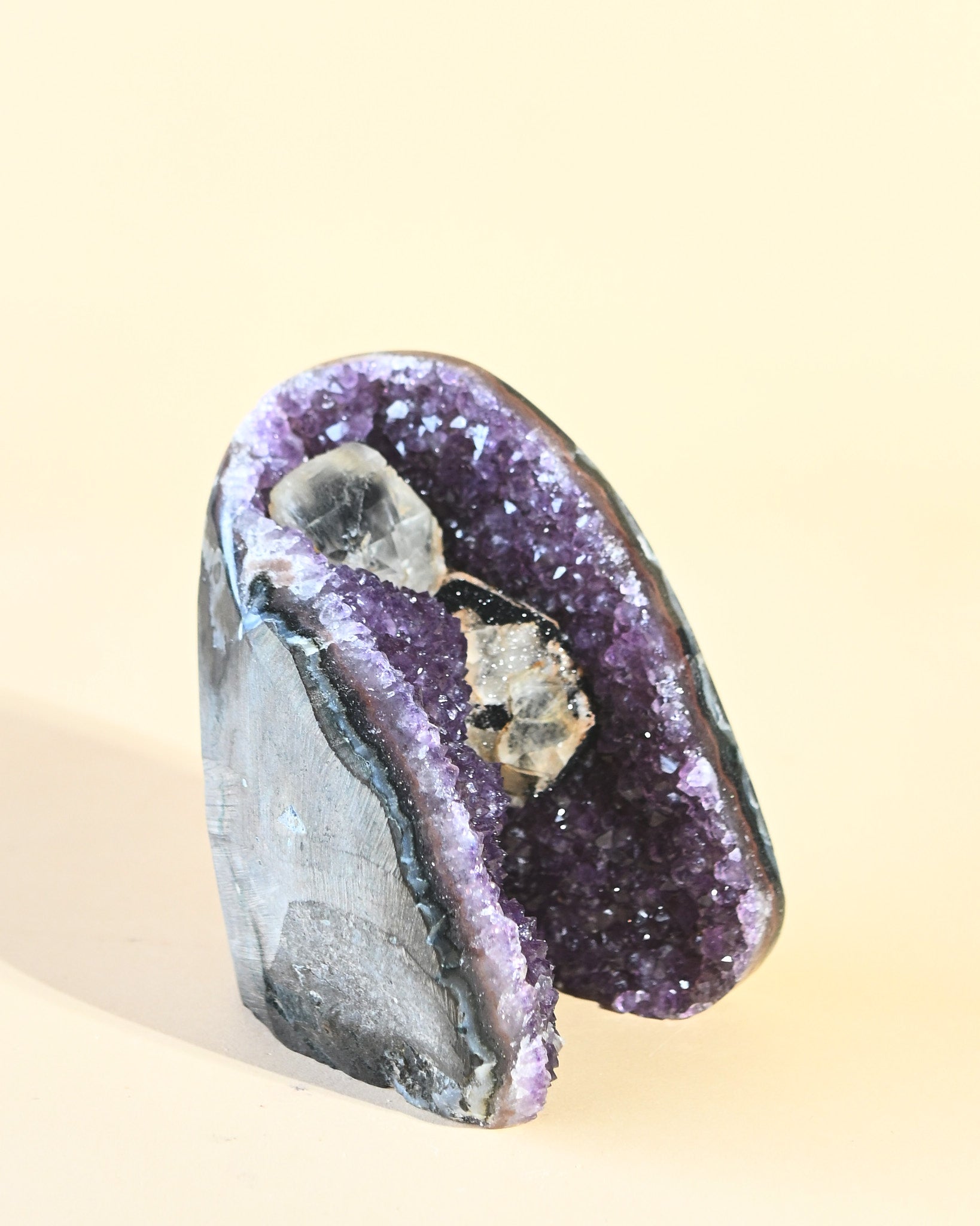 Uruguayan Amethyst Cathedral with Calcite & Goethite - natural amethyst crystal geode view 11