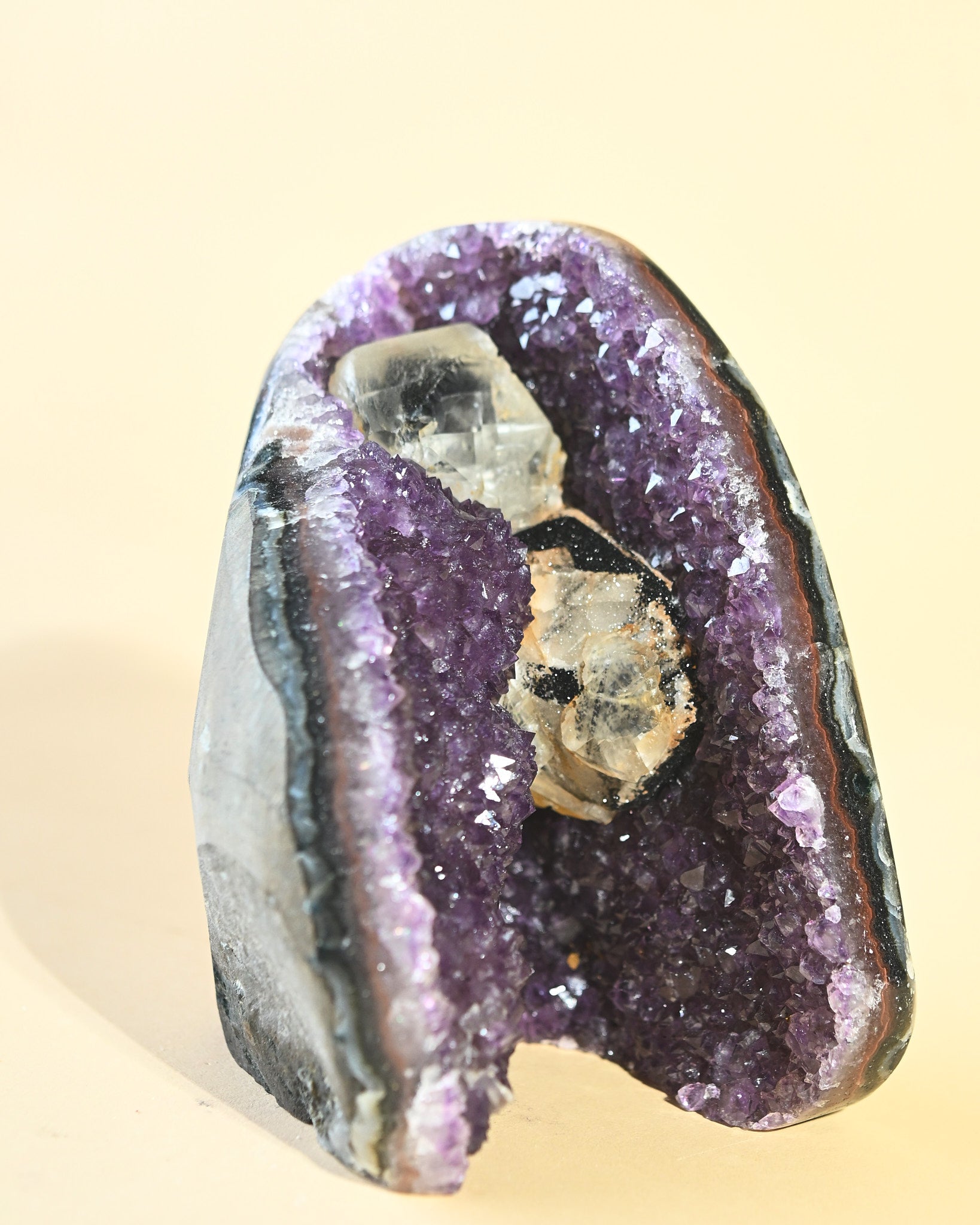 Uruguayan Amethyst Cathedral with Calcite & Goethite - natural amethyst crystal geode view 10