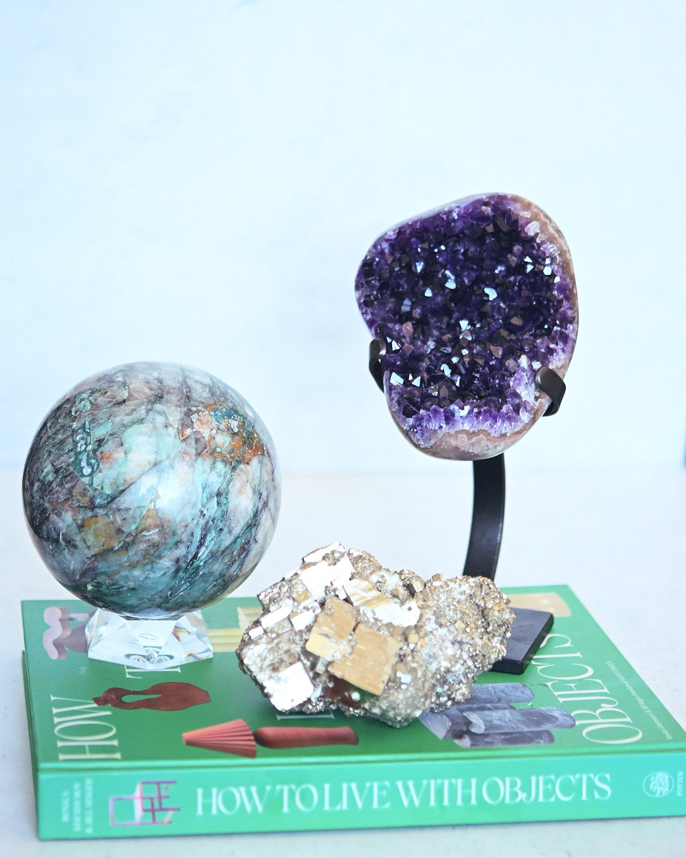 XL Chrysocolla Sphere, Amethyst Geode on Stand, and Cubic Pyrite Cluster Bundle