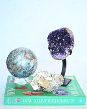 Chrysocolla sphere, amethyst geode, and pyrite cluster trio