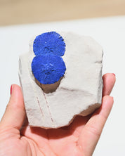 Azurite sun rosettes on limestone matrix, vivid cobalt blue, 204 grams
