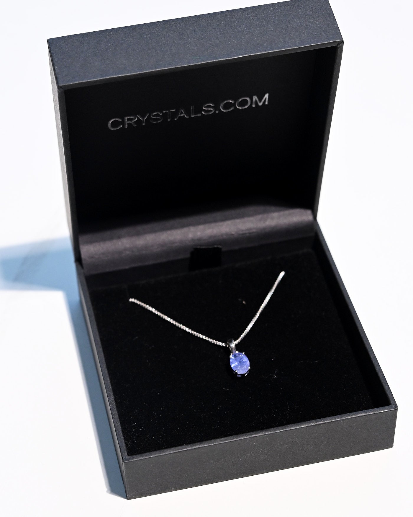 Tanzanite solitaire necklace in Crystals.com gift box