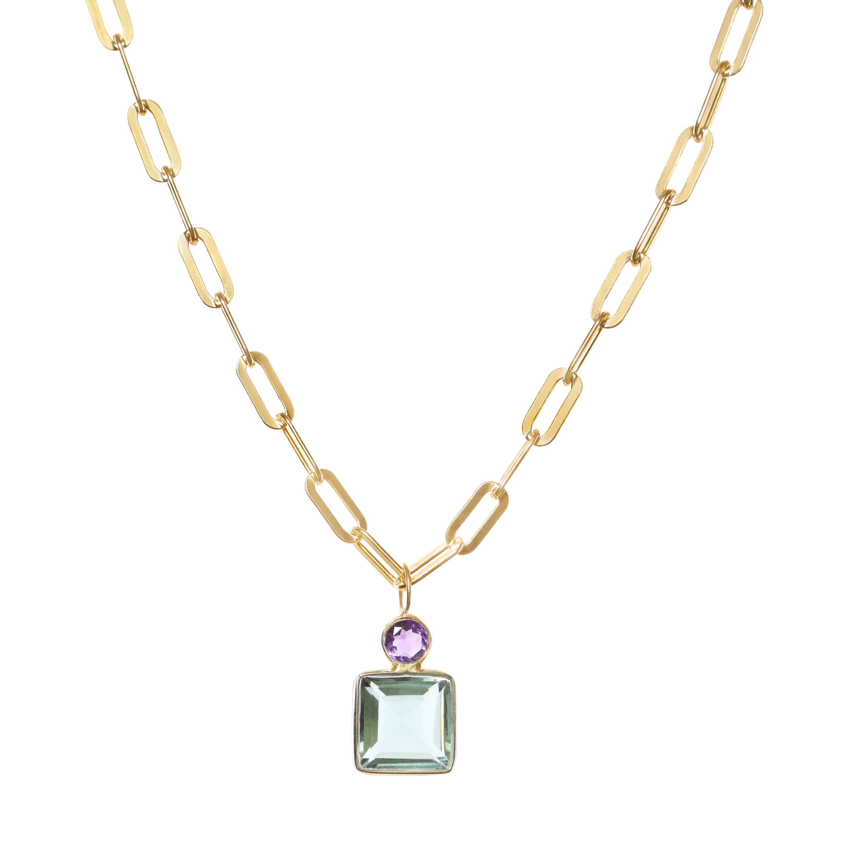 Bezel-set colored quartz pendant necklace on 14k gold vermeil paperclip chain by Rachel Reinhardt