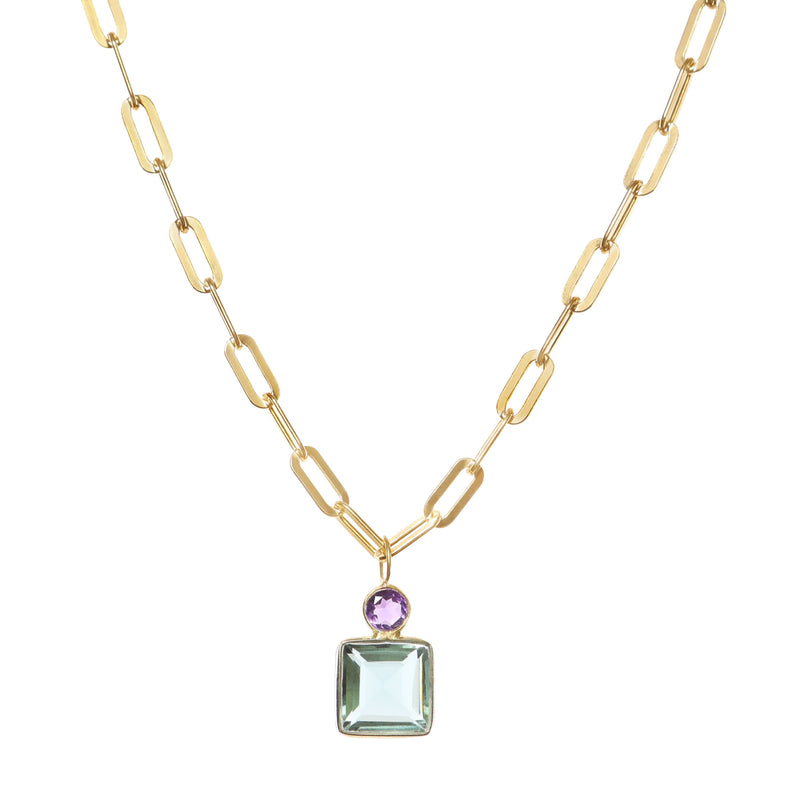 Bezel-Set Green + Purple Quartz Necklace on Paperclip Chain