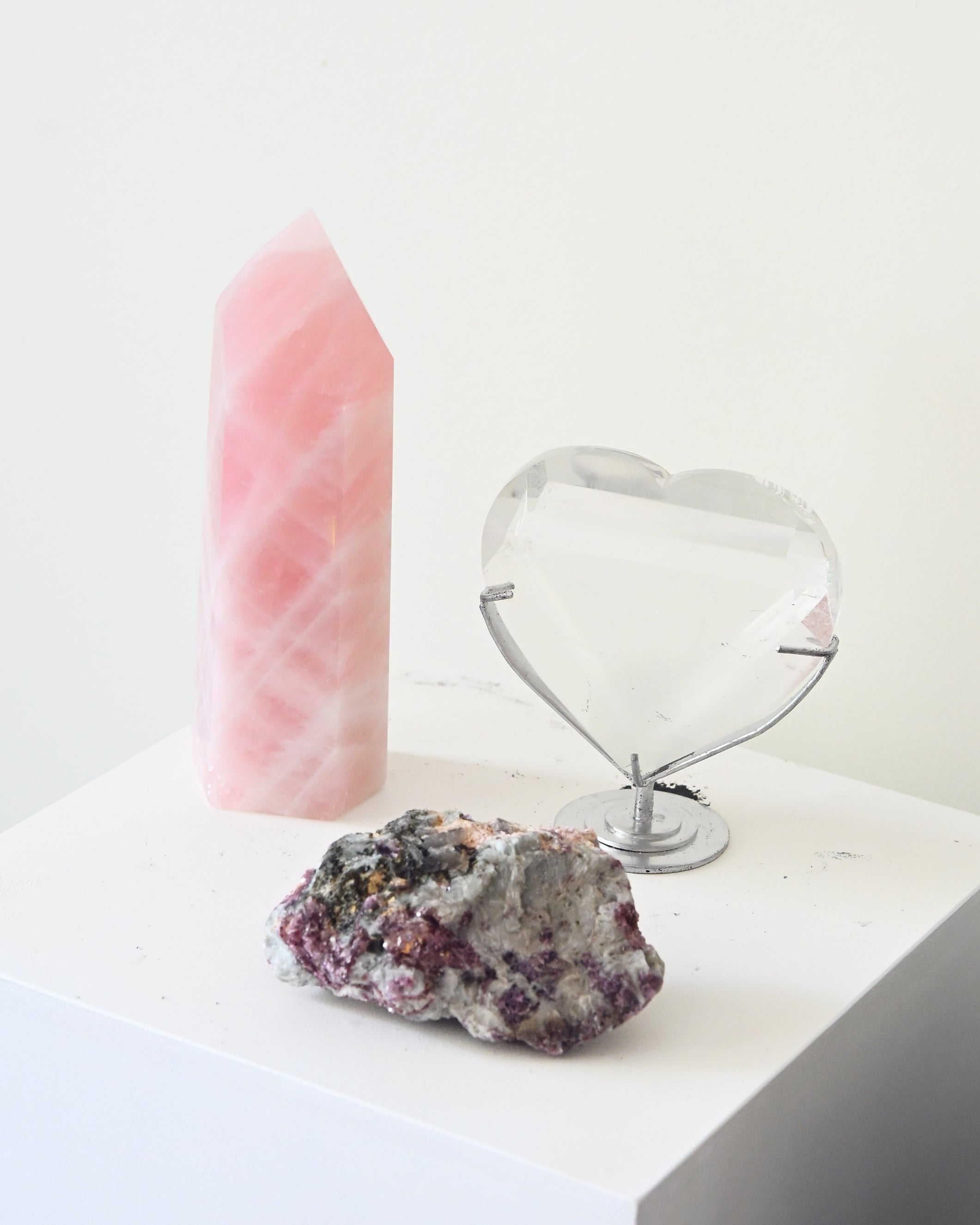 Love + Harmony Crystal Trio – Rose Quartz, Quartz Heart + Lepidolite w/ Tourmaline