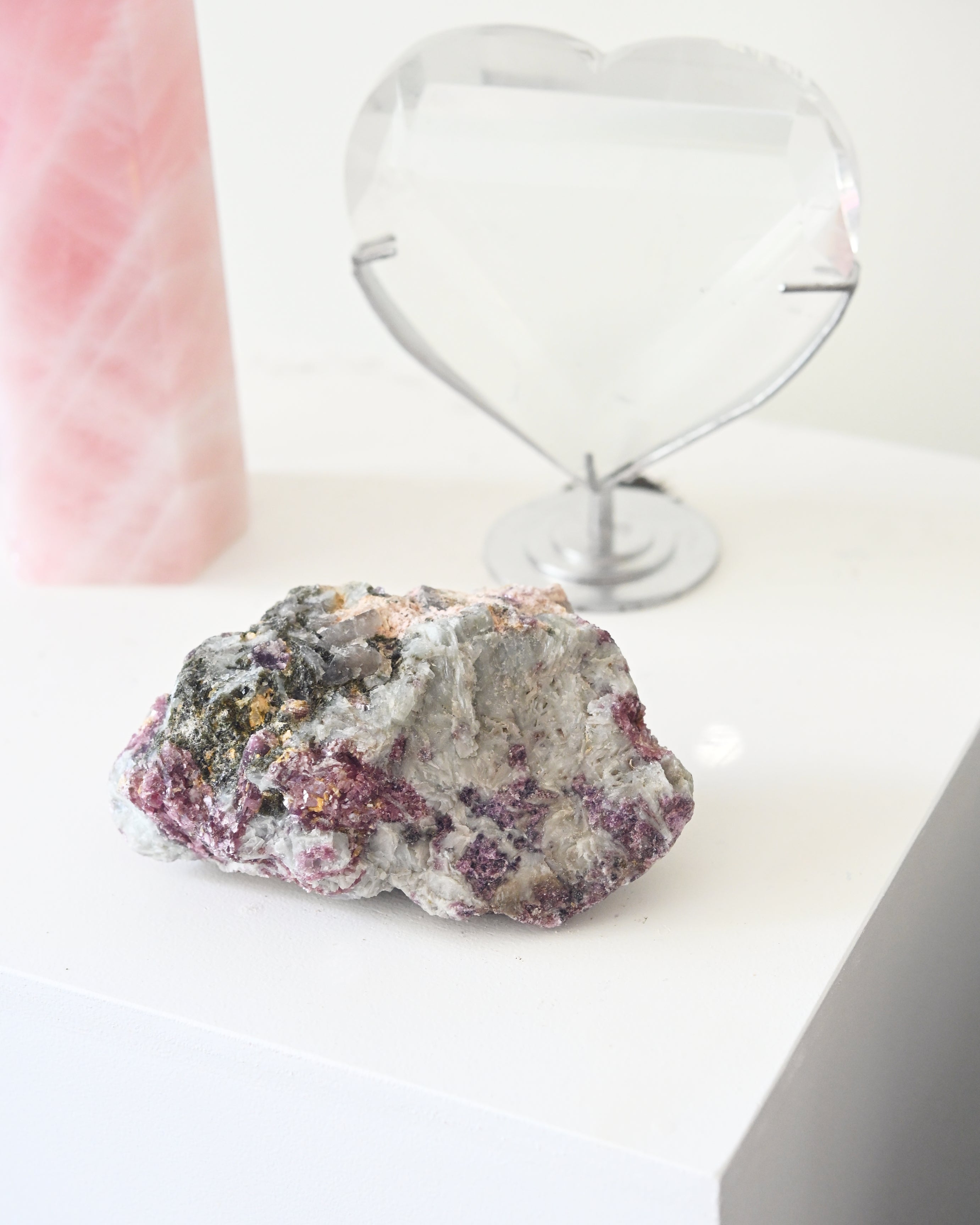 Love + Harmony Crystal Trio – Rose Quartz, Quartz Heart + Lepidolite w/ Tourmaline