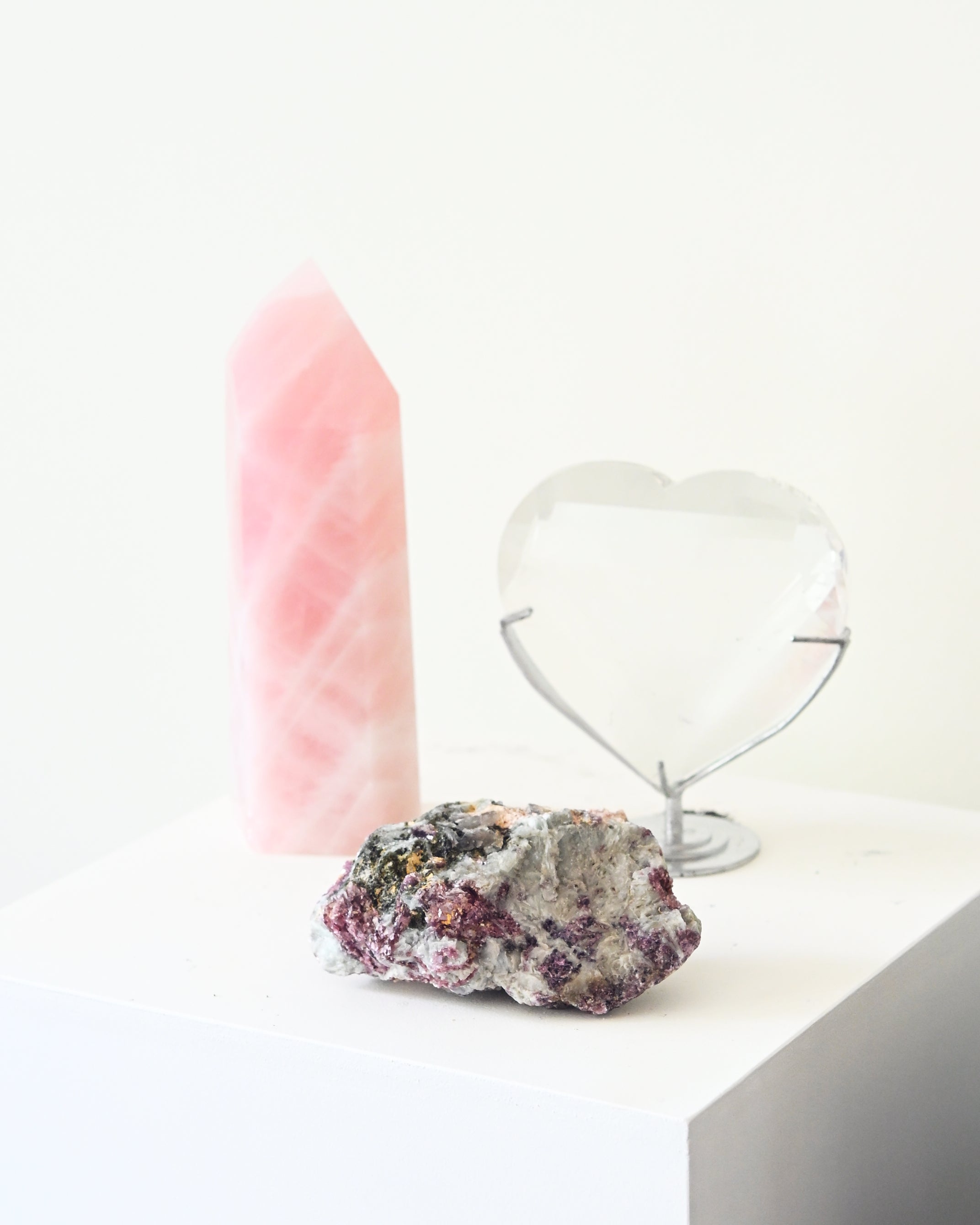 Love + Harmony Crystal Trio – Rose Quartz, Quartz Heart + Lepidolite w/ Tourmaline