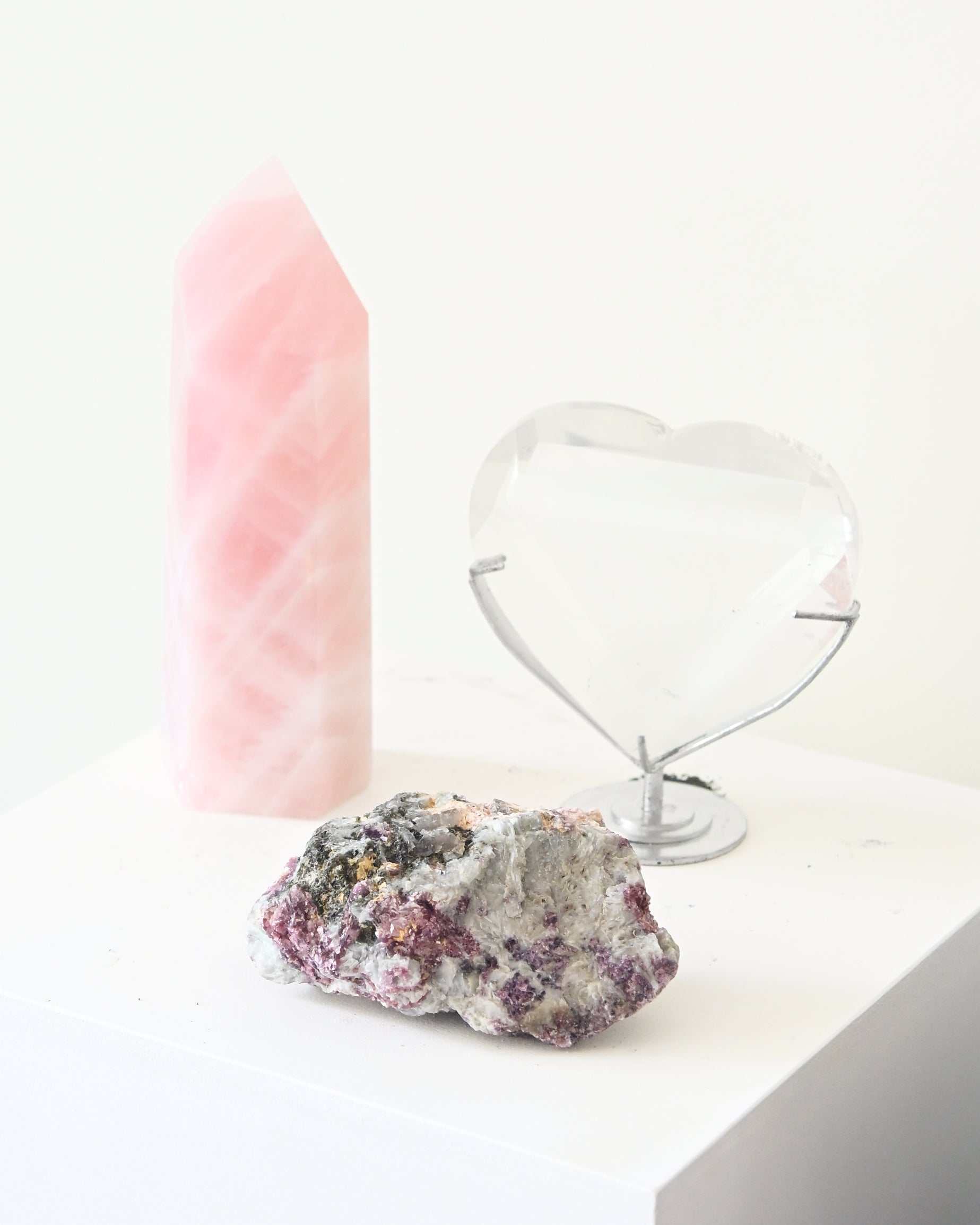 Love + Harmony Crystal Trio – Rose Quartz, Quartz Heart + Lepidolite w/ Tourmaline