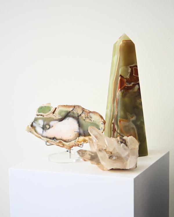 Onyx Obelisk & Quartz Cluster Bundle – Grounding, Harmony & Strength