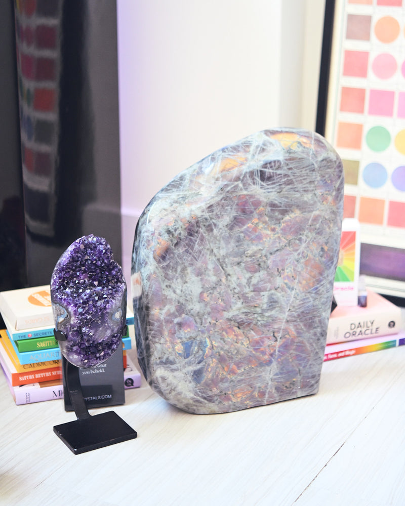 Curated crystal pair - amethyst geode and statement labradorite freeform styled together