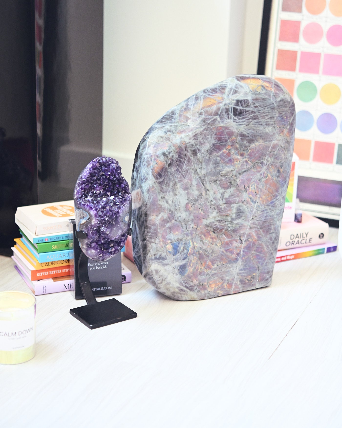 Statement labradorite freeform with amethyst geode - interior styling