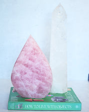 Curated crystal pair - statement rose quartz flame and clear quartz tower styled together