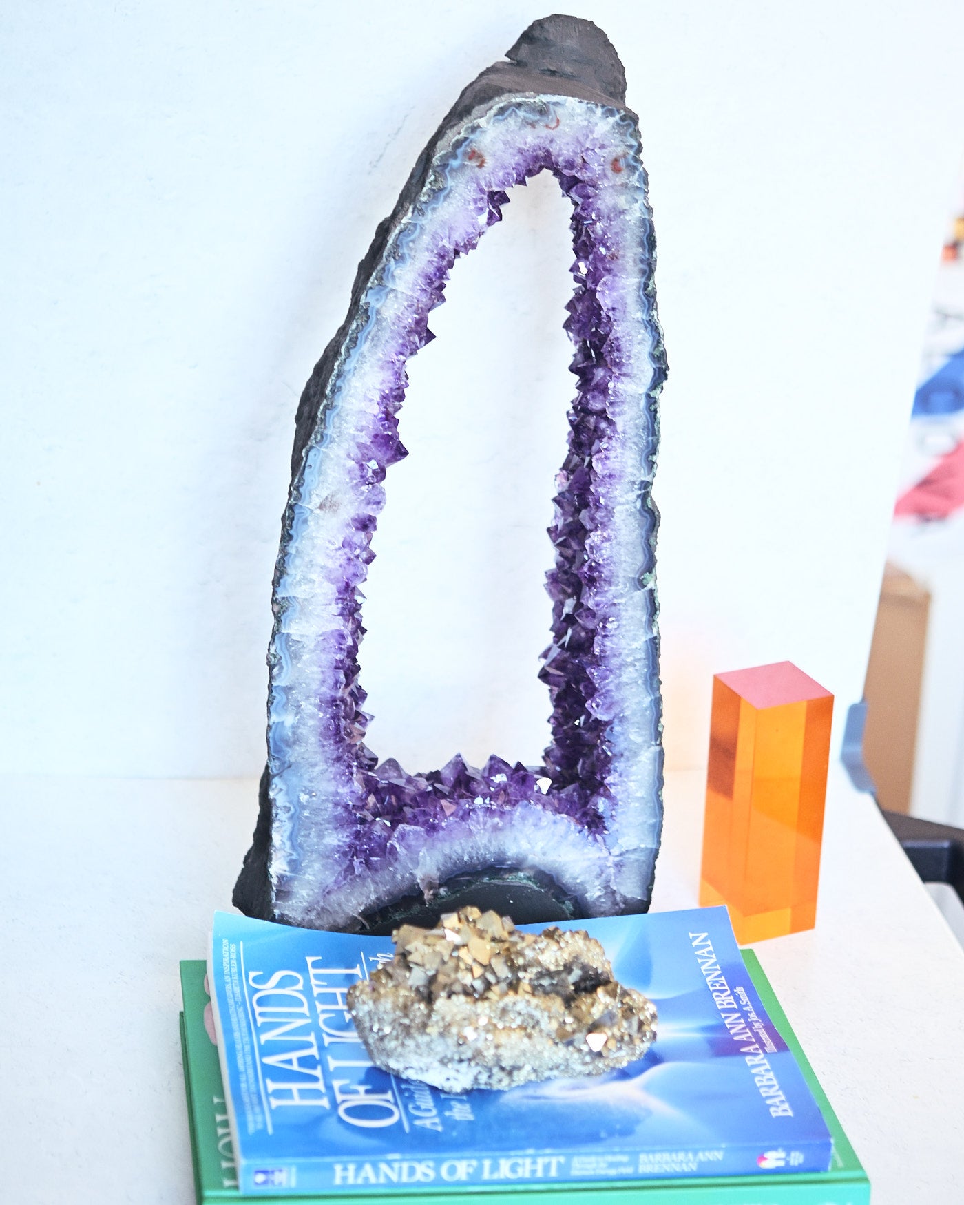 Statement amethyst cathedral geode with octahedral pyrite cluster - crystal bundle