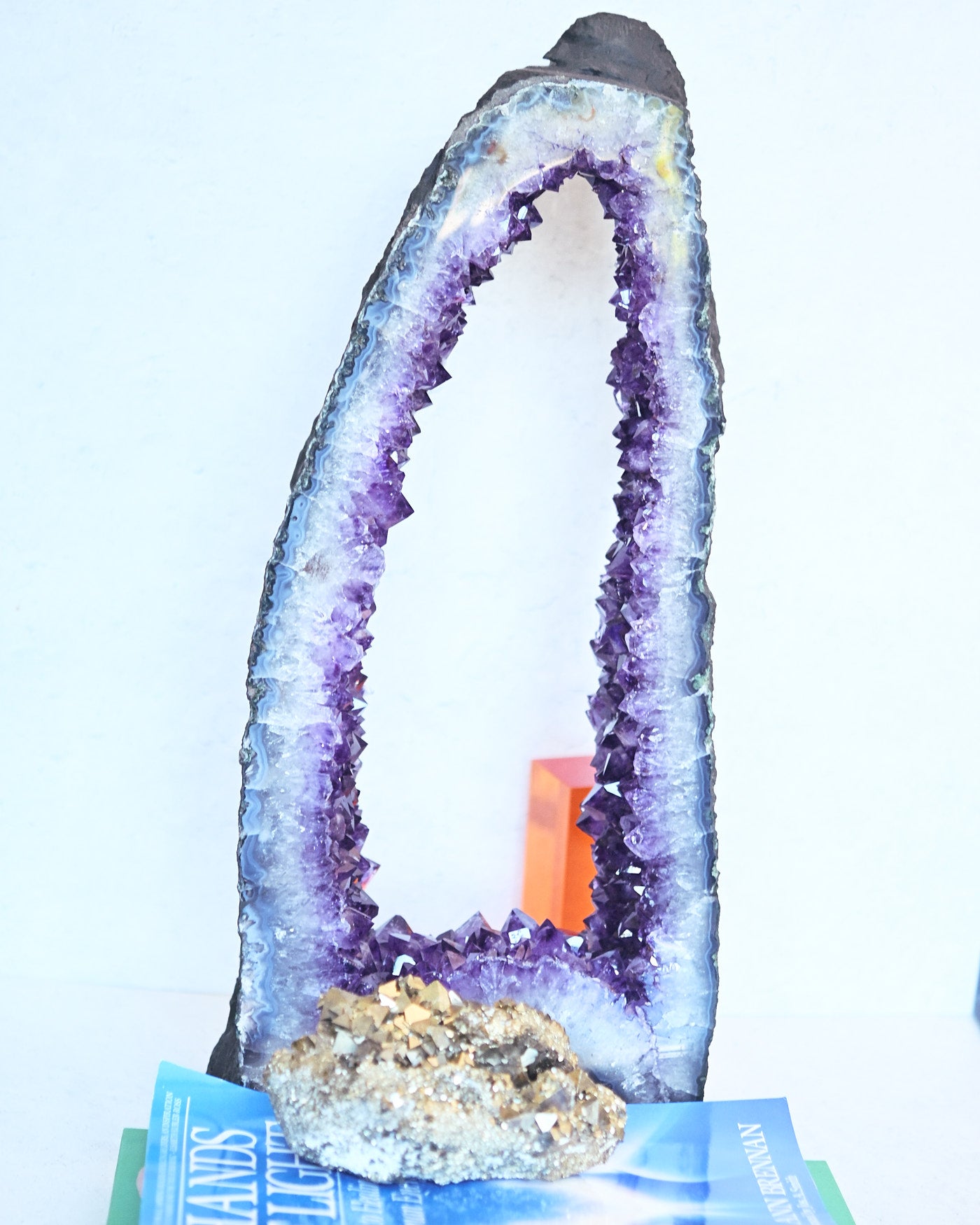 Brazilian amethyst cathedral and Peruvian pyrite cluster - curated mineral pair