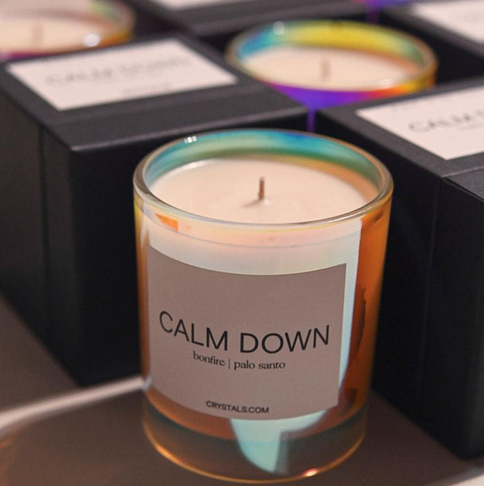 CALM DOWN Candle – Crystals.com, bonfire and palo santo scent