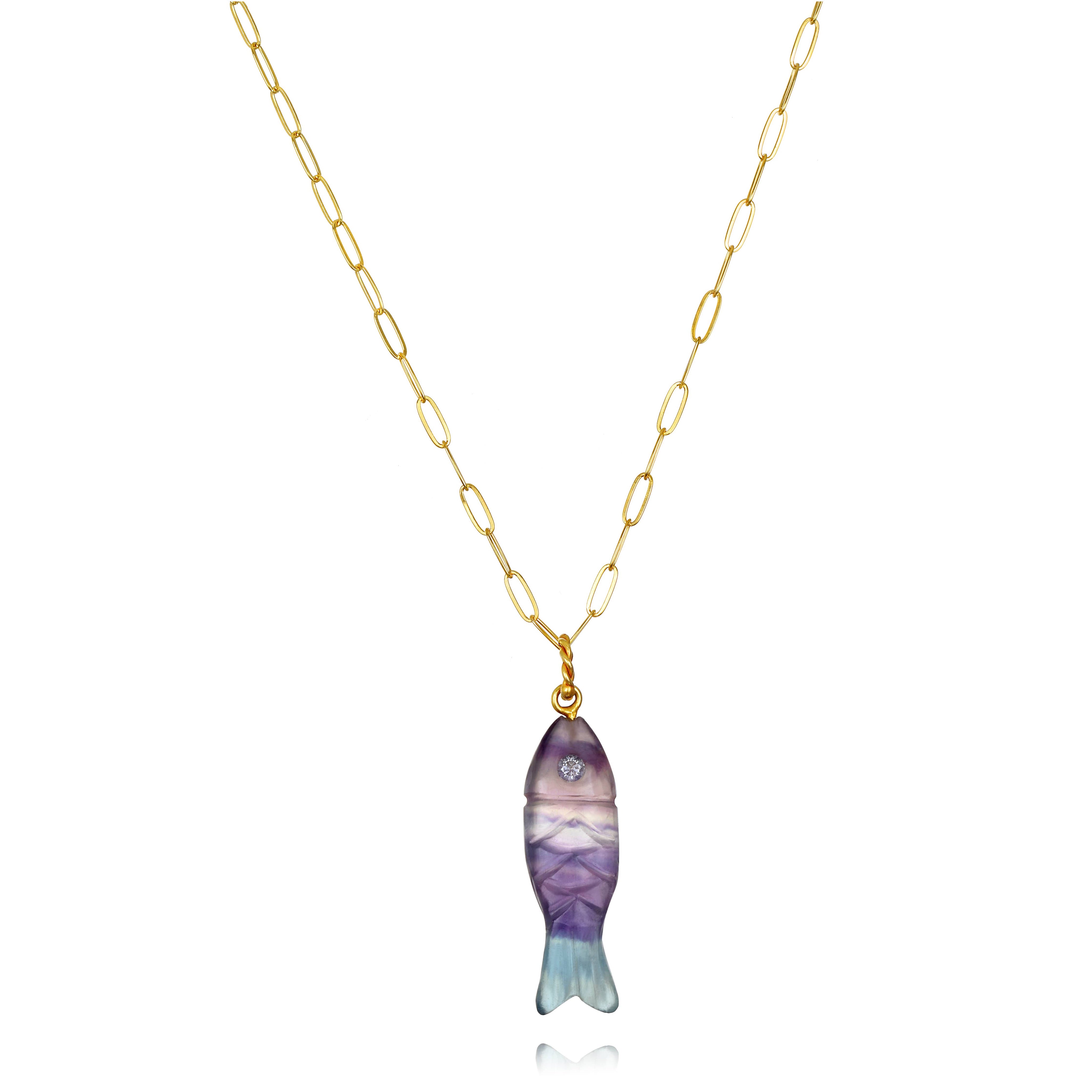 Natural Stone Fish Charm Necklace-Fluorite