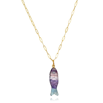 Natural Stone Fish Charm Necklace-Fluorite