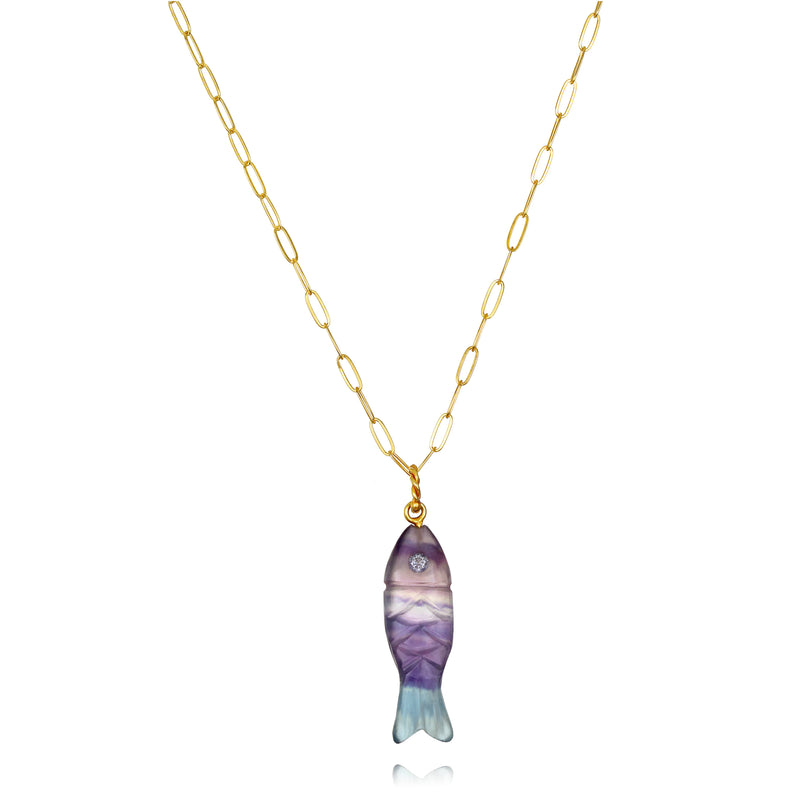 Natural Stone Fish Charm Necklace-Fluorite