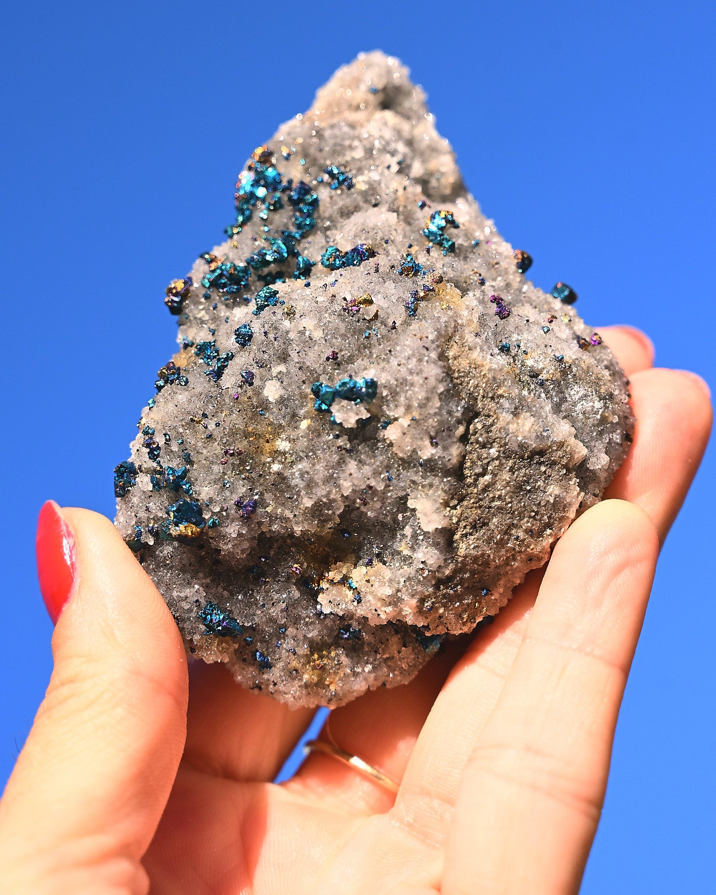 Chalcopyrite on Quartz, 0.4 lb specimen — side view