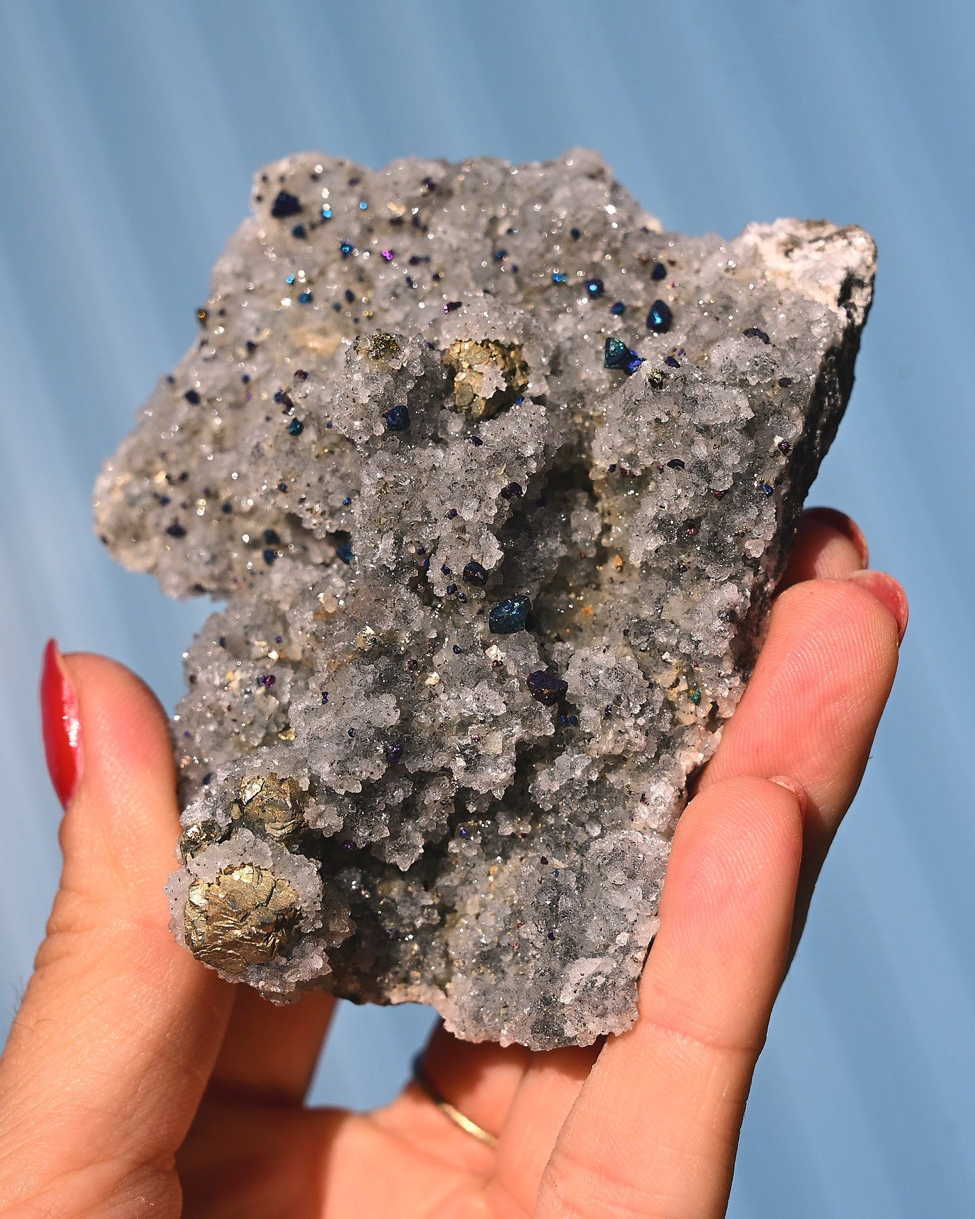 Chalcopyrite on Quartz, 0.3 lb specimen — side view