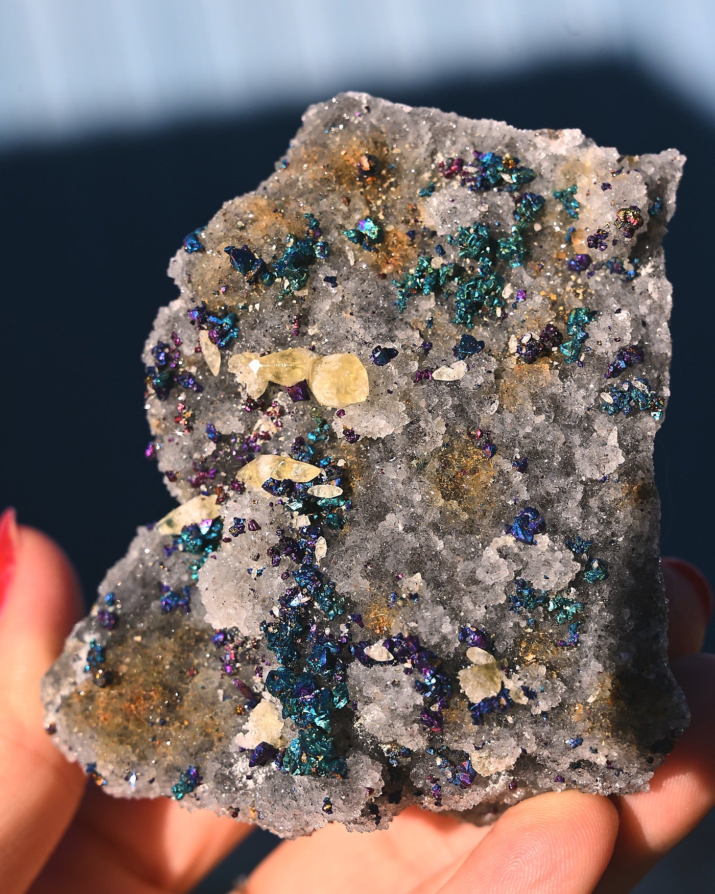 Chalcopyrite on Quartz, 0.425 lb specimen — side view