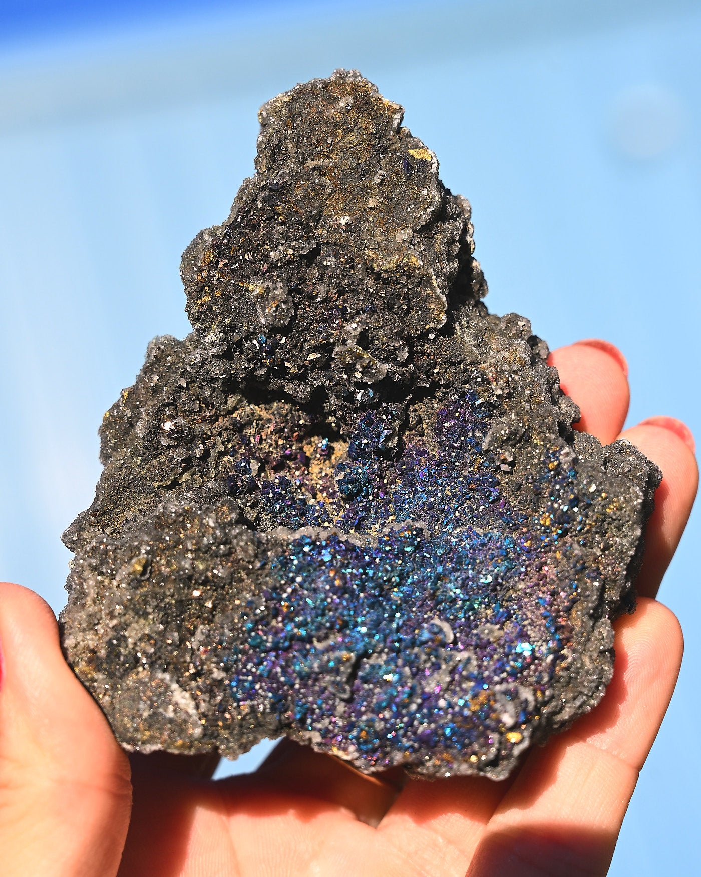 Chalcopyrite on Quartz, 0.5 lb specimen — side view