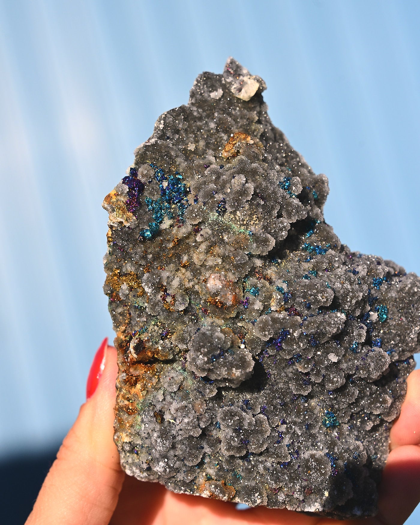 Chalcopyrite on Quartz, 0.815 lb specimen — side view