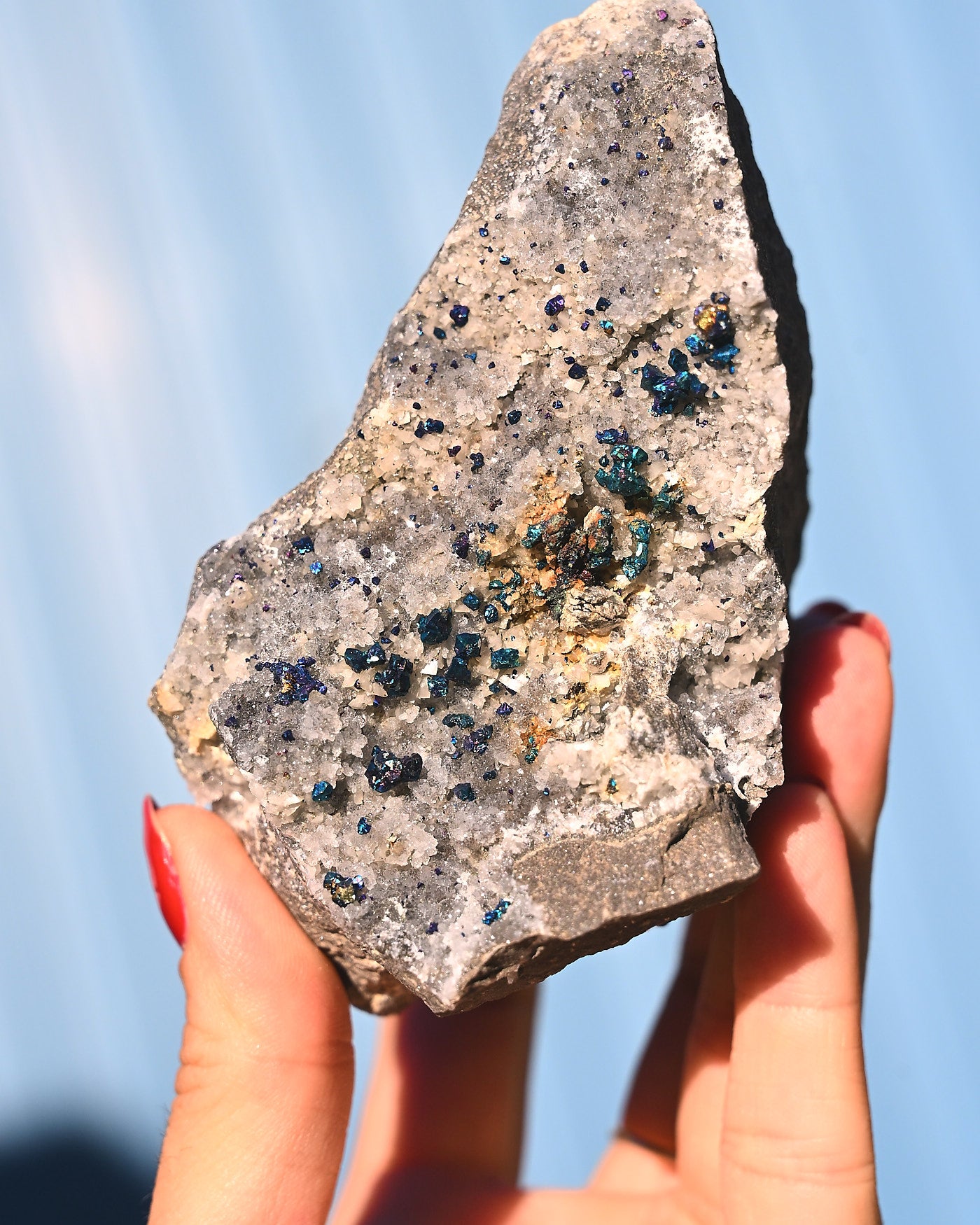 Chalcopyrite on Quartz, 1.01 lb specimen — side view