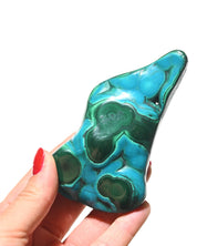 Chrysocolla Malachite freeform back view in hand