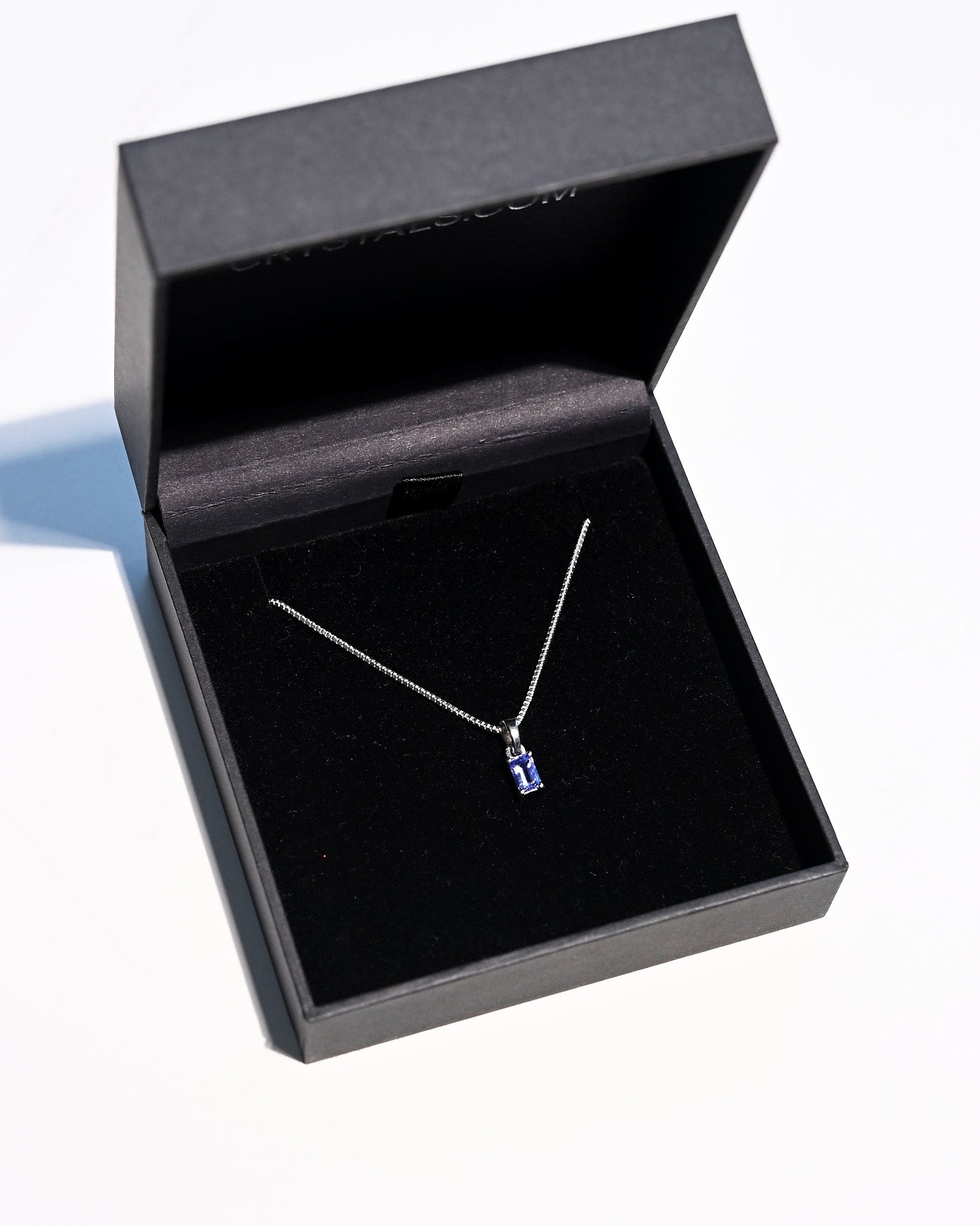 Emerald-cut tanzanite pendant necklace in sterling silver on box chain
