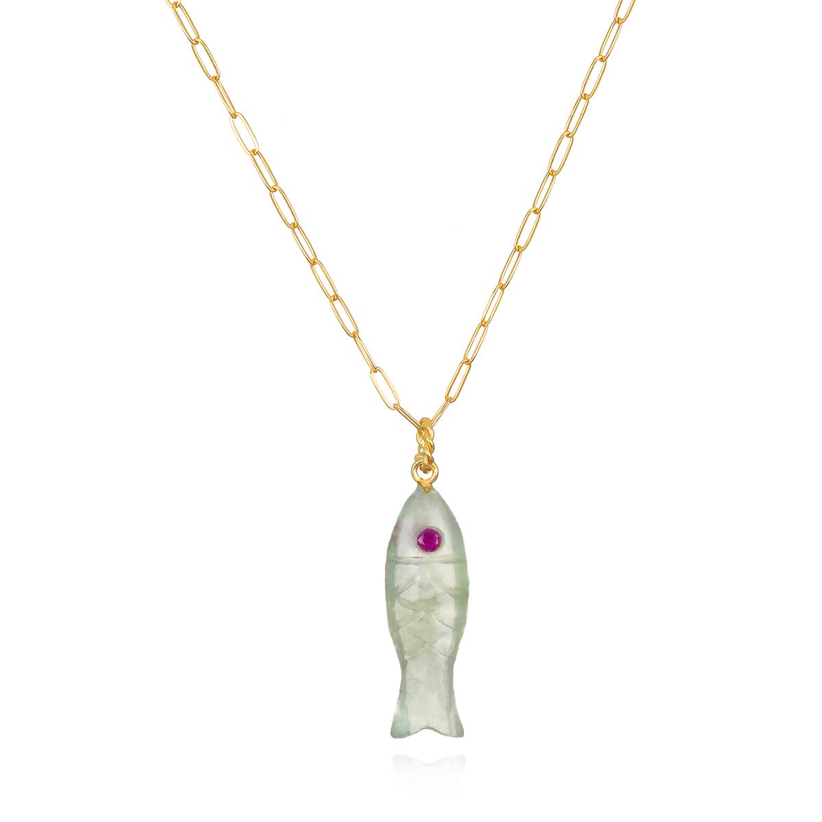 Natural Stone Fish Charm Necklace-Prehnite