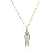 Natural Stone Fish Charm Necklace-Prehnite