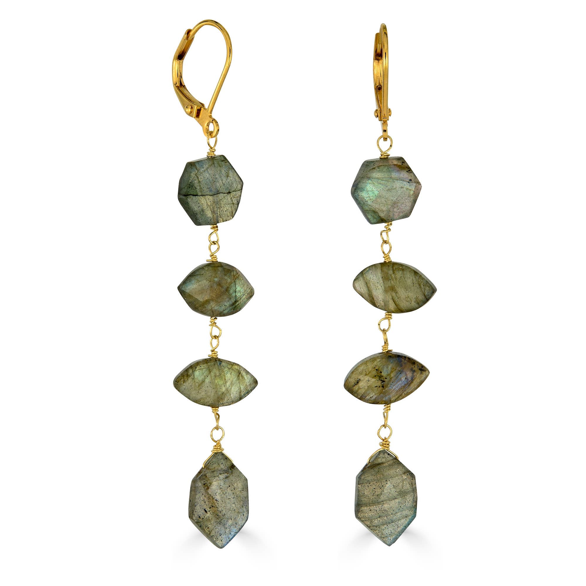 Labradorite linear drop earrings with faceted stones and gold accents by Rachel Reinhardt
