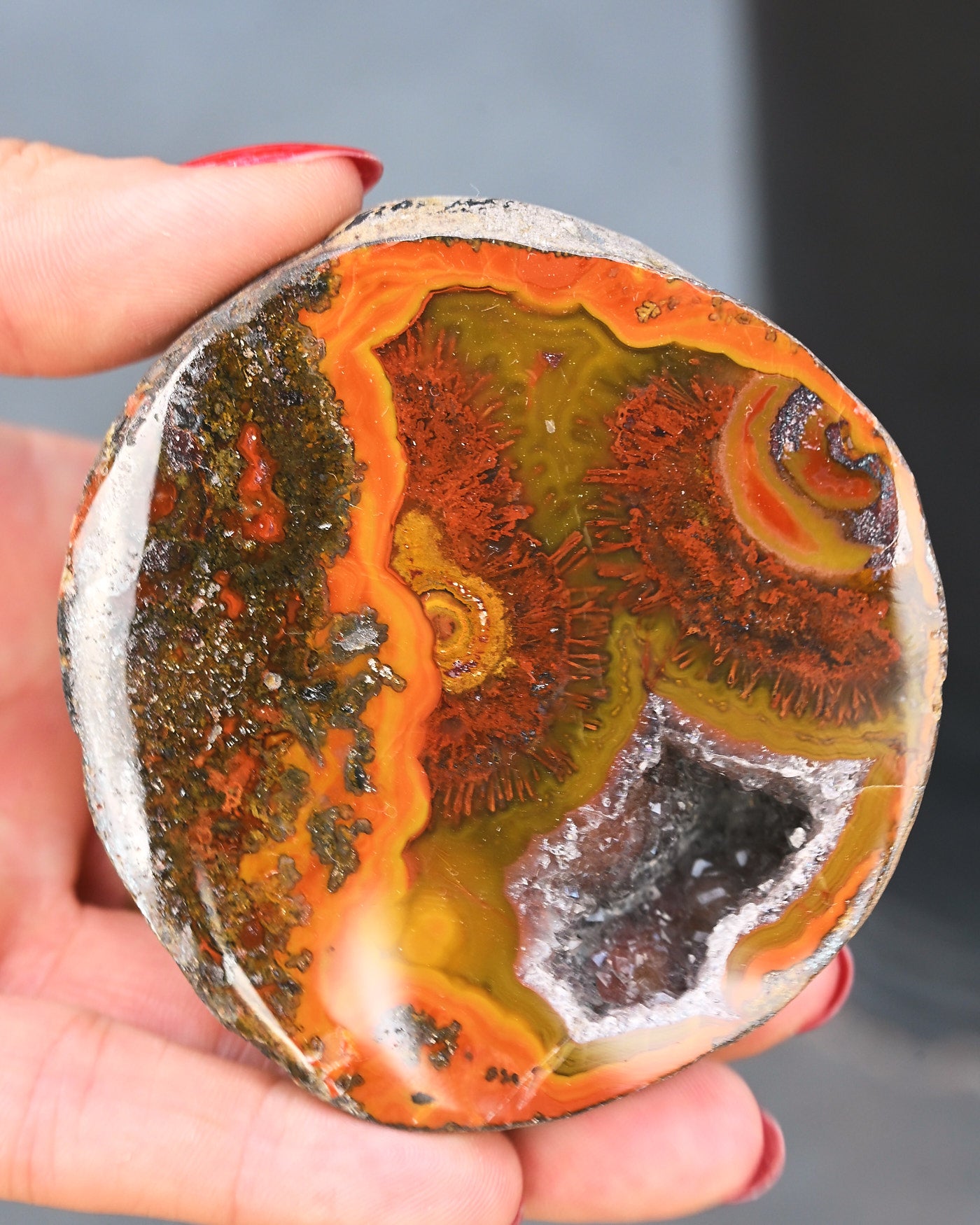 Fighting Blood Agate Geode with Dendrites 0.58 lb Hebei China - held in hand
