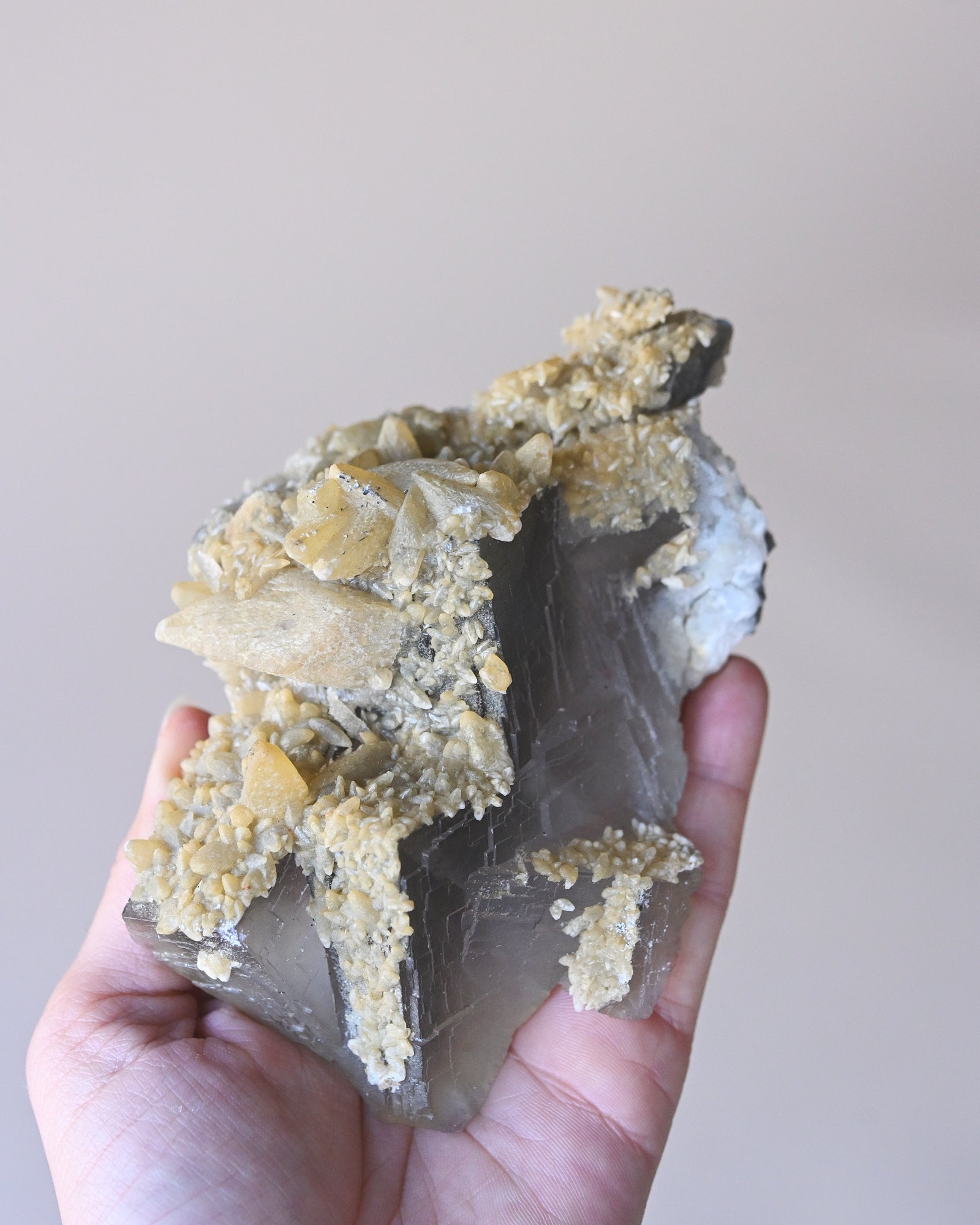 Fluorite with Calcite — Afghanistan — 380g - rainbow fluorite crystal side view